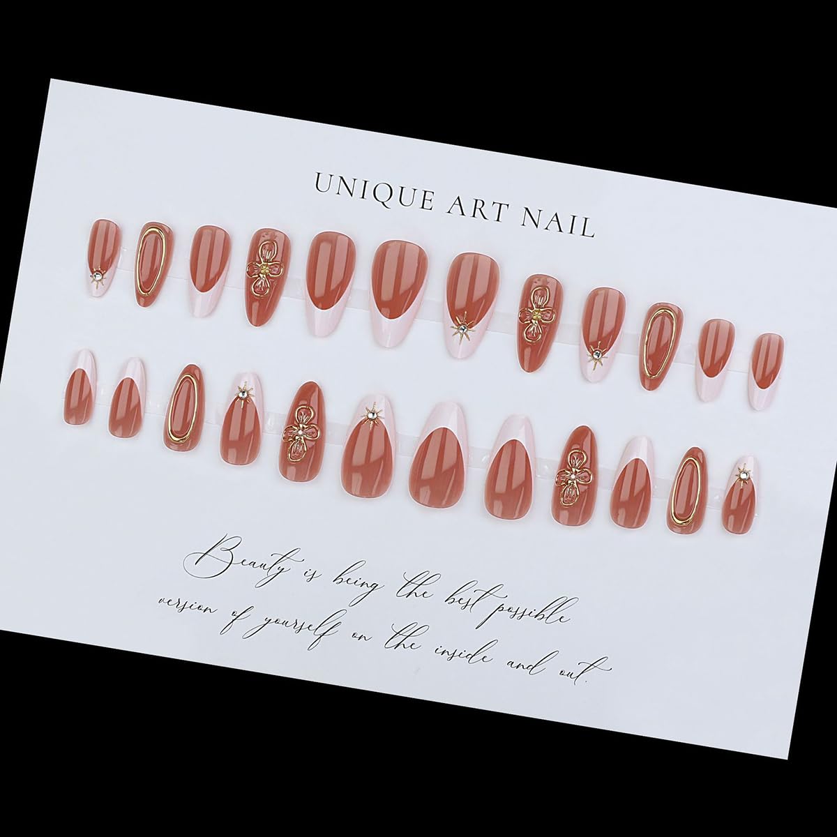French Tip Almond Press On Nails With 3d Gild Cross Charms Kit_voghion.com