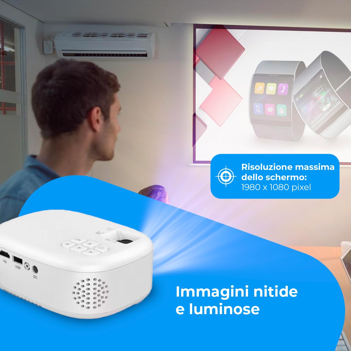 NK Mini proiettore portatile supporto 1080P e 6.500 lumen - Alta risoluzione LED, altoparlante integrato, ingresso USB, HDMI, AV, auricolare, dimensioni 30"-120", compatibile cellulare, tablet, PC,