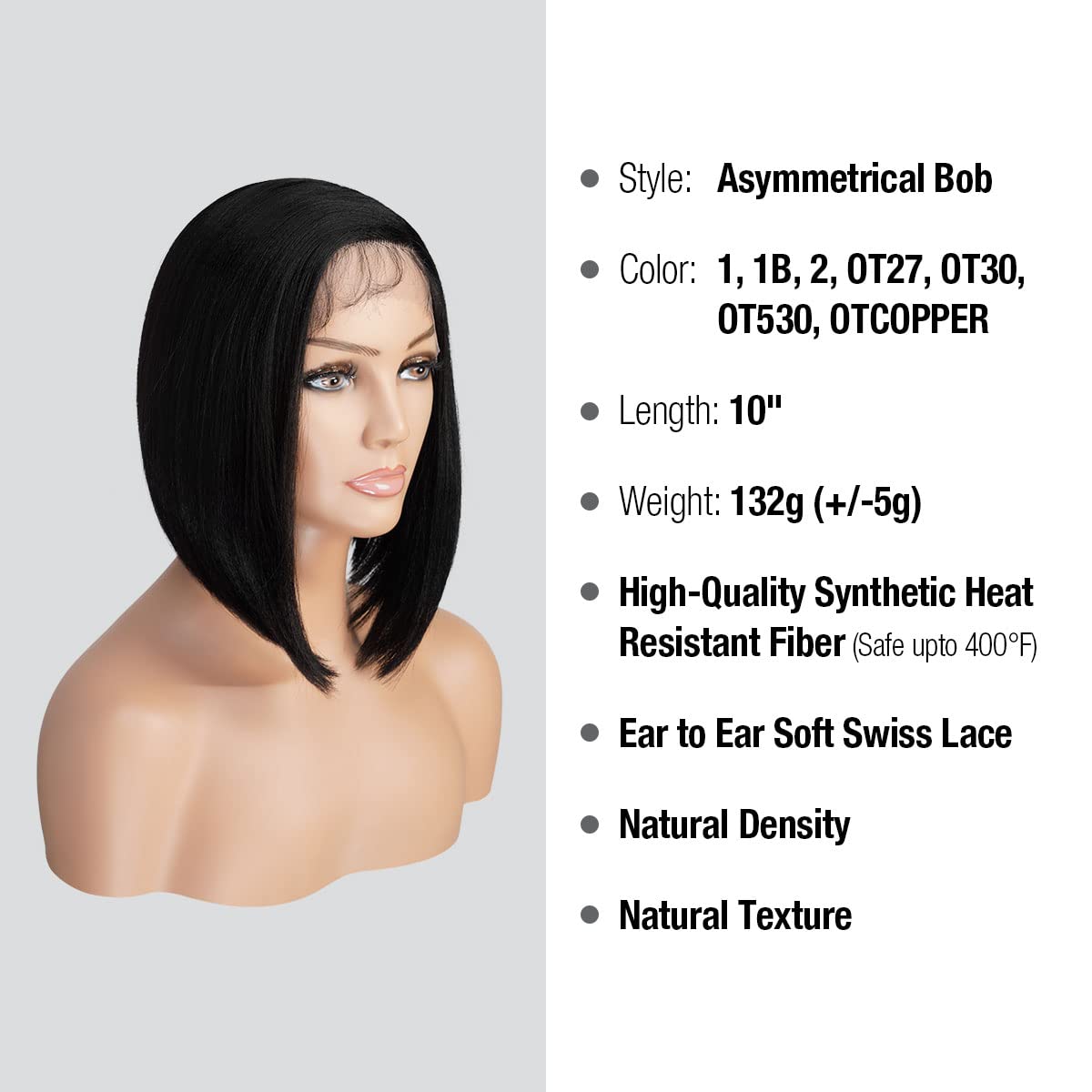 Medium Asymmetrical Bob Straight Wig Side Part Lace Front Wigs Deep Part Wig for Black Women High Heat Resistant Synthetic Wigs DPL005 (Asymmetrical Bob, 1-JETBLACK)