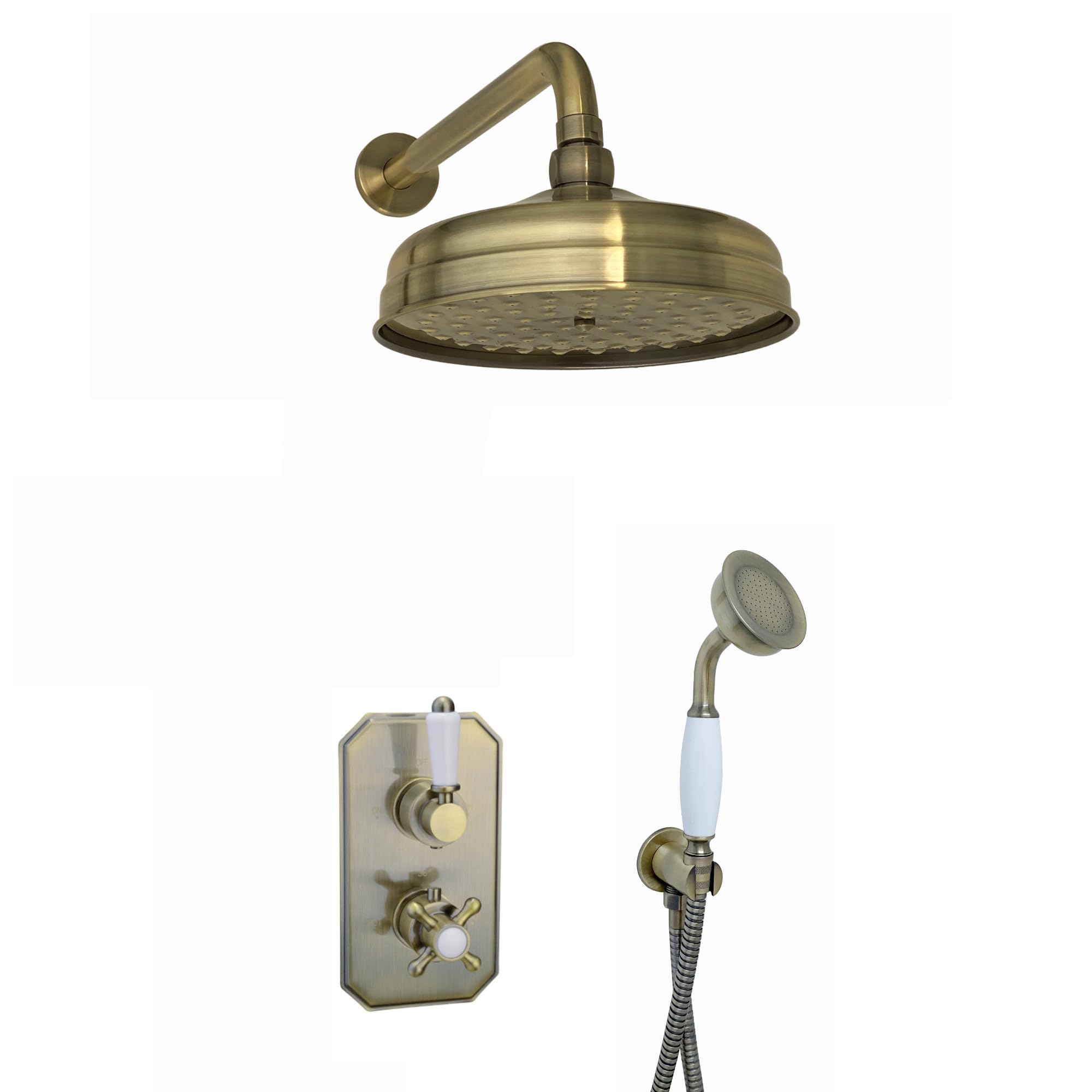 ENKI, Regent, SH0081 Regent Traditional Crosshead and White Lever Concealed Thermostatic Shower Set incl. Twin Valve, Wall Fixed 8" Shower Head, Handshower Kit, Antique Brass (2 Outlet)