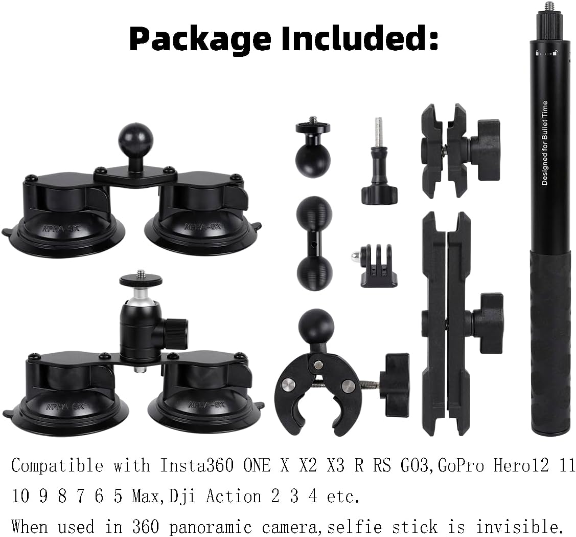 Car Mount for Insta360, 4 in1 Suction Cups Mount Kit with Invisible Selfie Stick for Insta360 ONE X5 X4 X3 X2 RS and Other 360 Cameras,Car Holder on Windshield Window/Hood/Top Roof/Trunk lid