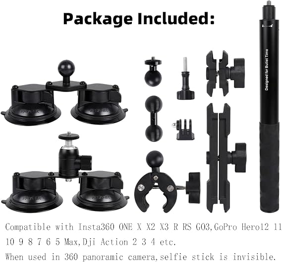 Car Mount for Insta360, 4 in1 Suction Cups Mount Kit with Invisible Selfie Stick for Insta360 ONE X5 X4 X3 X2 RS and Other 360 Cameras,Car Holder on Windshield Window/Hood/Top Roof/Trunk lid