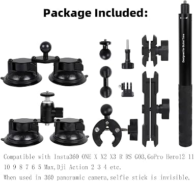 Car Mount for Insta360, 4 in1 Suction Cups Mount Kit with Invisible Selfie Stick for Insta360 ONE X5 X4 X3 X2 RS and Other 360 Cameras,Car Holder on Windshield Window/Hood/Top Roof/Trunk lid