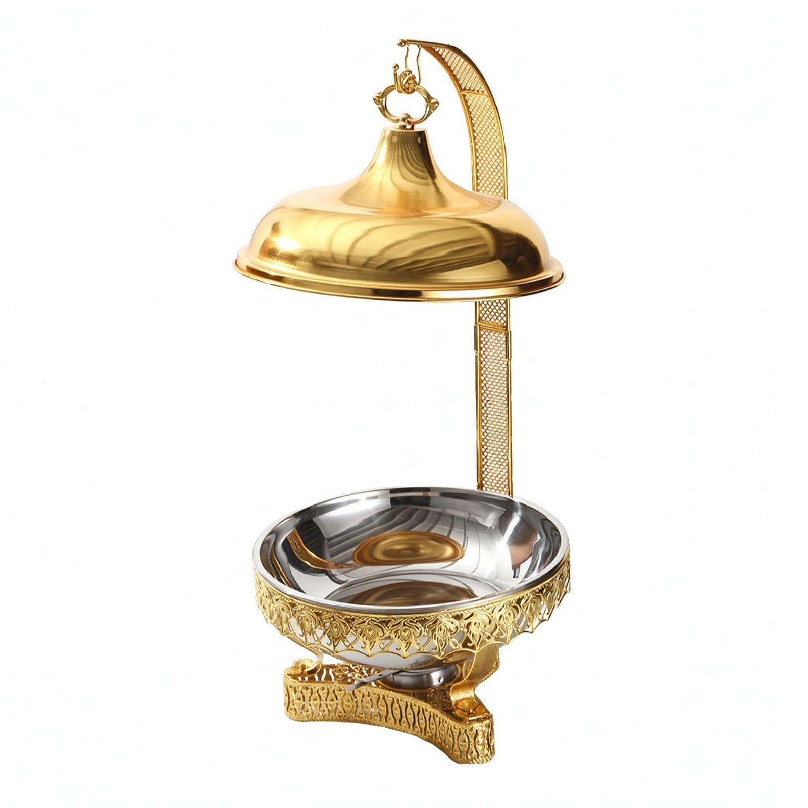 Chafing Dish Acero Inoxidable con Acabado Dorado Autónomo Juego Fuente Térmica Redonda con Tapa Desmontable para Catering, Bodas Al Libre, 22 Cuenta Triangular