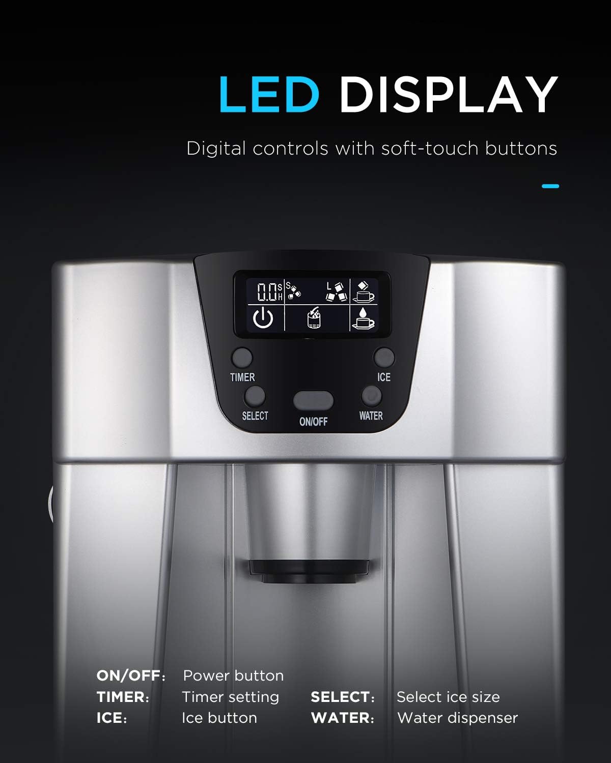 Northair 2 in1 Ice Maker and Water Dispenser with Automatic Shut-down System,S-L 2 Size Bullet Ice, with LCD Display,Silver