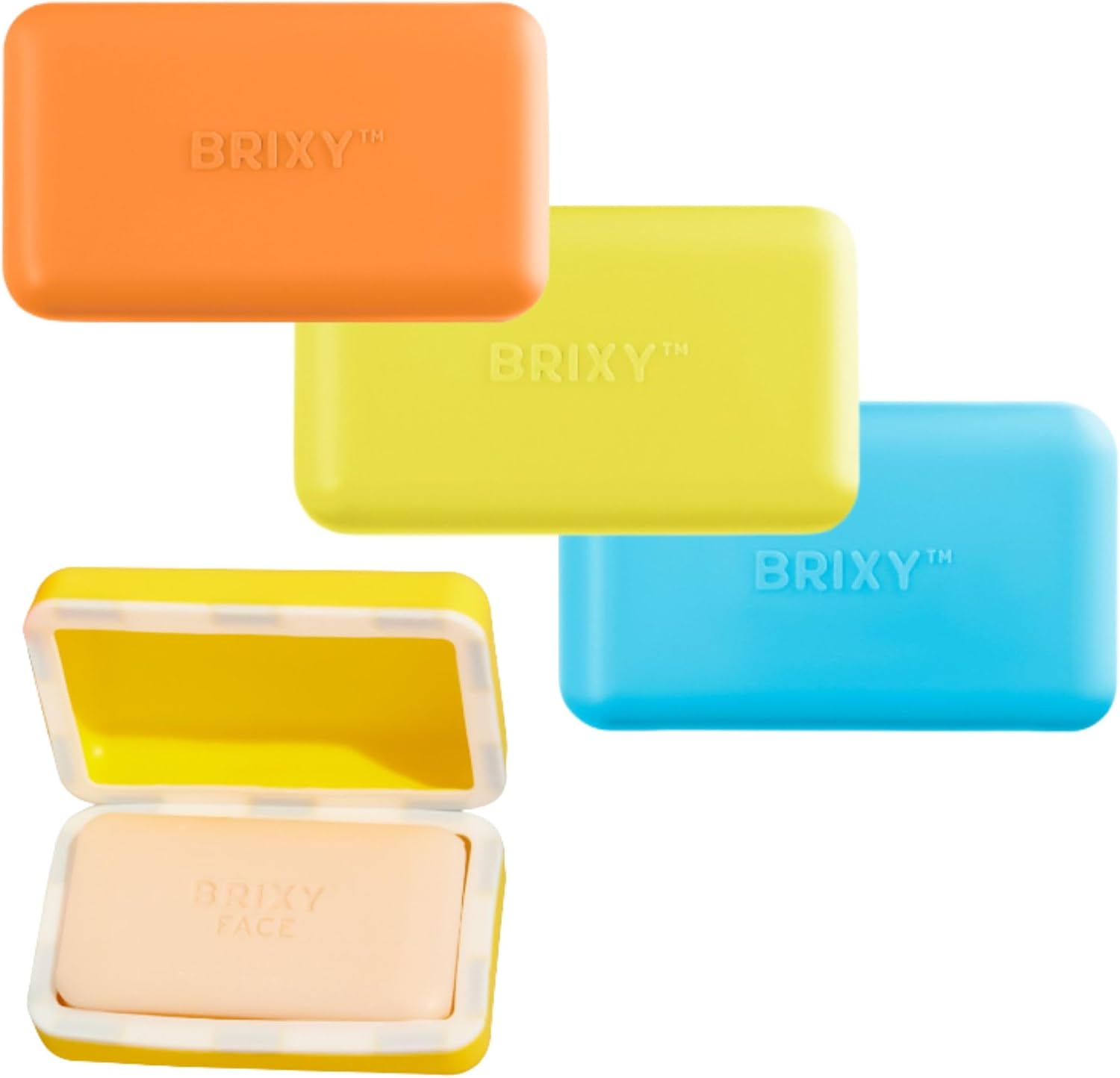 BRIXY Beauty Bar Travel Case Set – 3 Pack Soap Bar Travel Containers, Leakproof Portable Soap Holder, Durable Silicone, Magnetic Seal, TSA Friendly (Yellow, Blue, Orange)