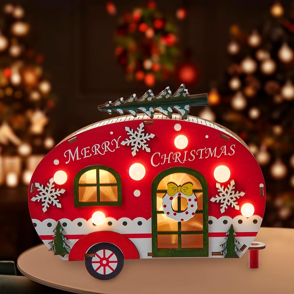 Kurt Adler 6.69-inch Battery Operated Wooden Lighted Camper Van