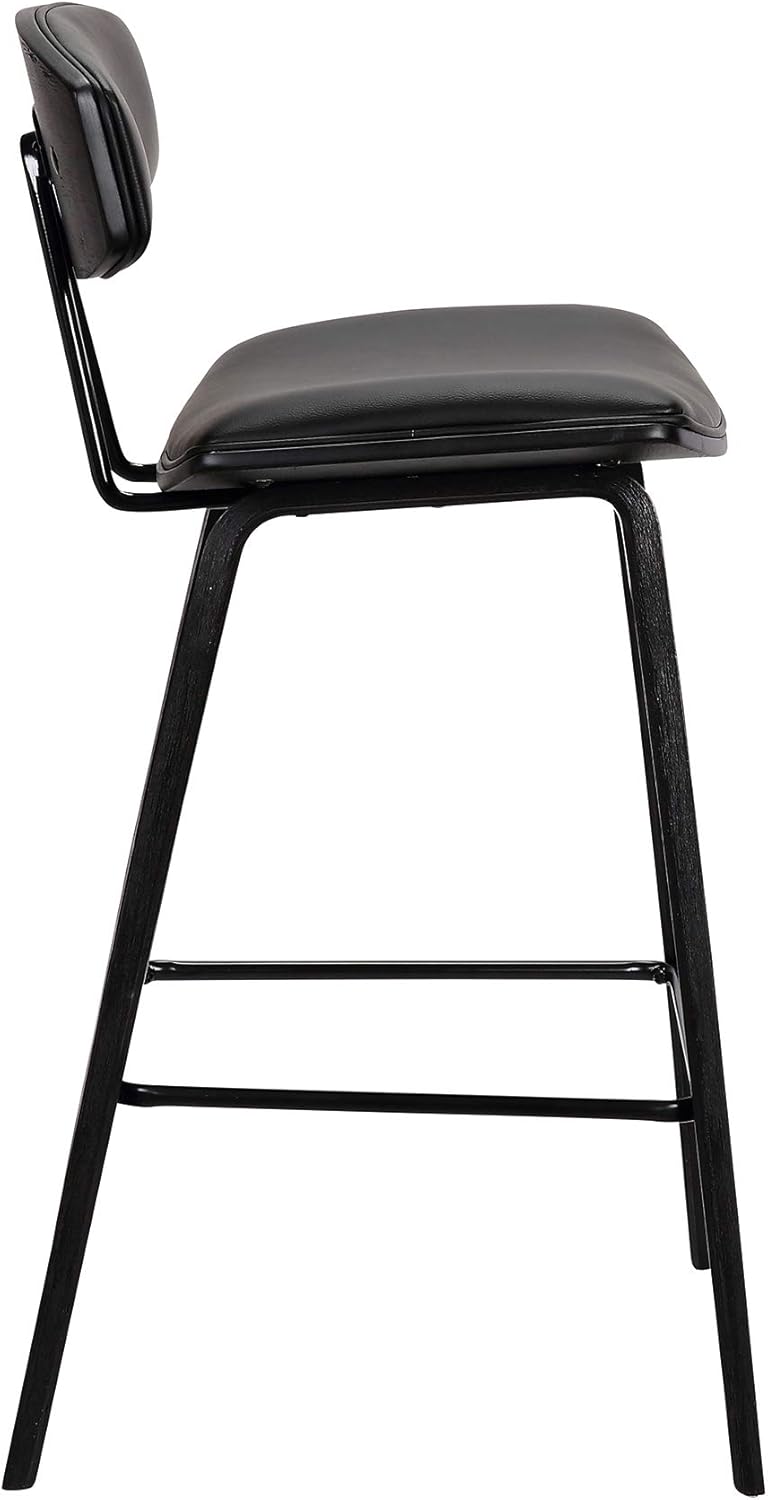Armen Living Fox 28.5" Bar Height Black Faux Leather and Black Wood Mid-Century Modern Bar Stool