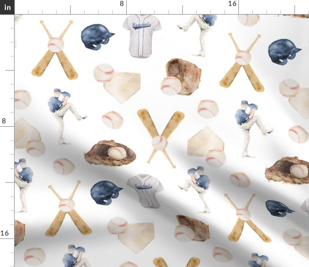 Spoonflower Fabric - Baseball Watercolor Summer Sports Batter Up Bat Ball Helmet Jersey Printed on Petal Cotton Fabric by The Yard - Sewing Quilting Apparel Crafts Decor