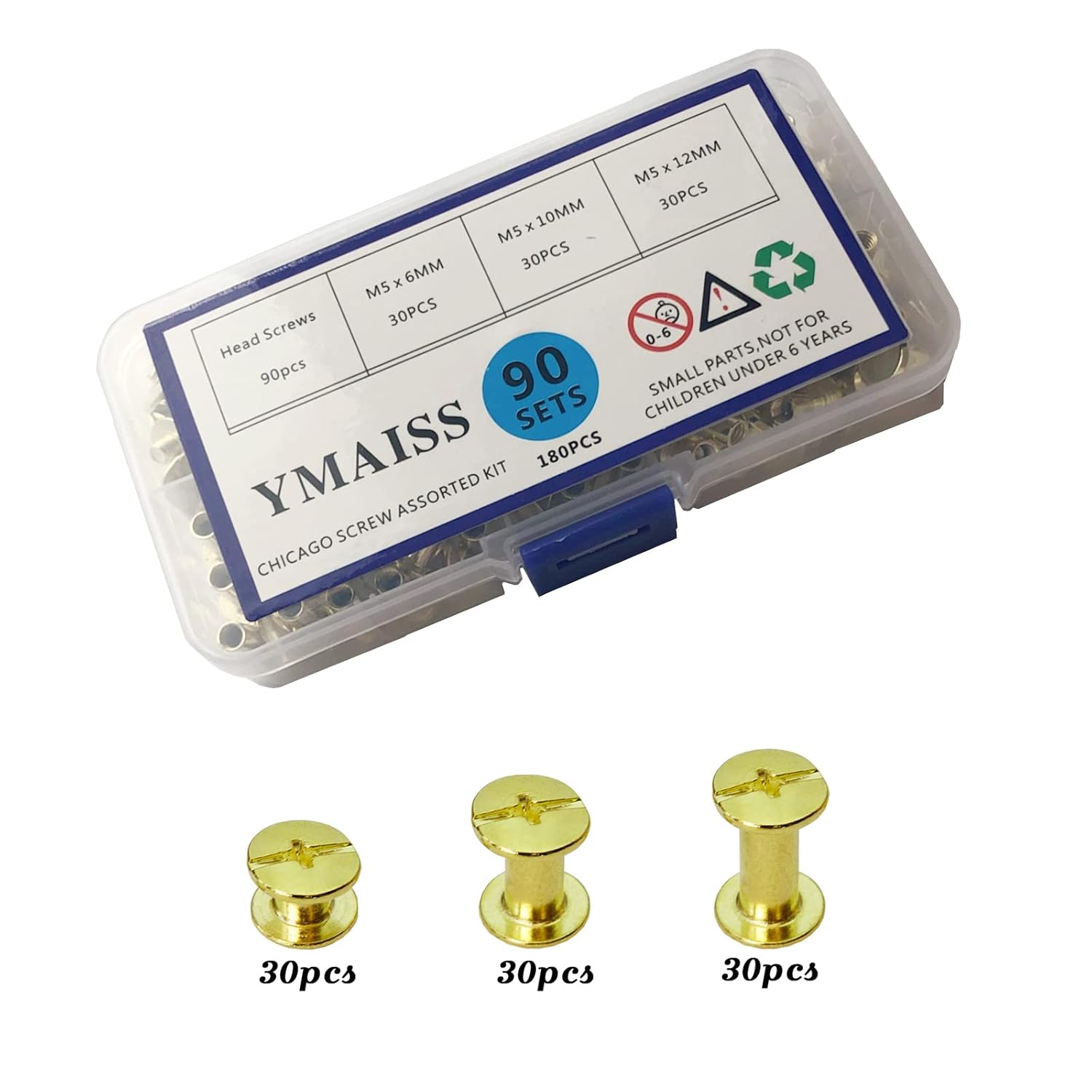 YMAISS 90 Sets Chicago Screws 3 Size 1/4,3/8,1/2in Brass Plated Screw Posts Bookbinding Posts Binding Screw Chicago Button Post Rivets Screw Belt Screws Leather Photo Albums Screw Phillip Head,Gold