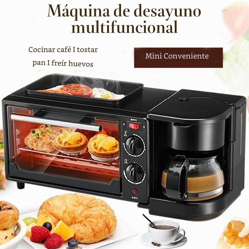 Estación for hacer desayuno 3 en 1, máquina de desayuno multifunción con horno eléctrico tostador de 9 litros, cafetera de 600 ml, sartén antiadherente, sandwichera de huevo, control de temperatura (