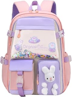 damdos スクールバックパック 女の子用 軽量 冷蔵庫 ブックバッグ ティーン 小学生 中学生 女の子 バニーバックパック, ピンク, 18“x12.8"x6.8", 冷蔵庫ブックバッグ