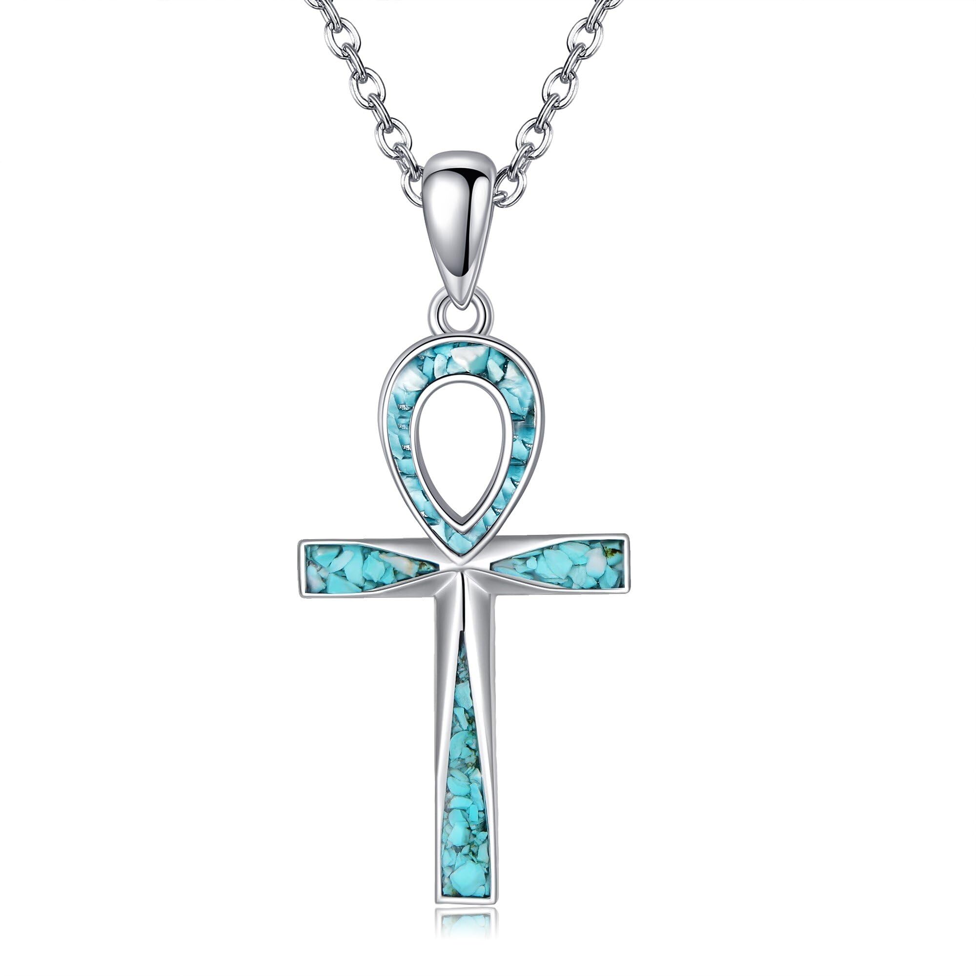 ONEFINITY Ankh Kreuz Kette Sterling Silber Türkis Ägyptisches Kreuz Anhänger Halskette Religiöser Schmuck Geschenke für Damen Herren