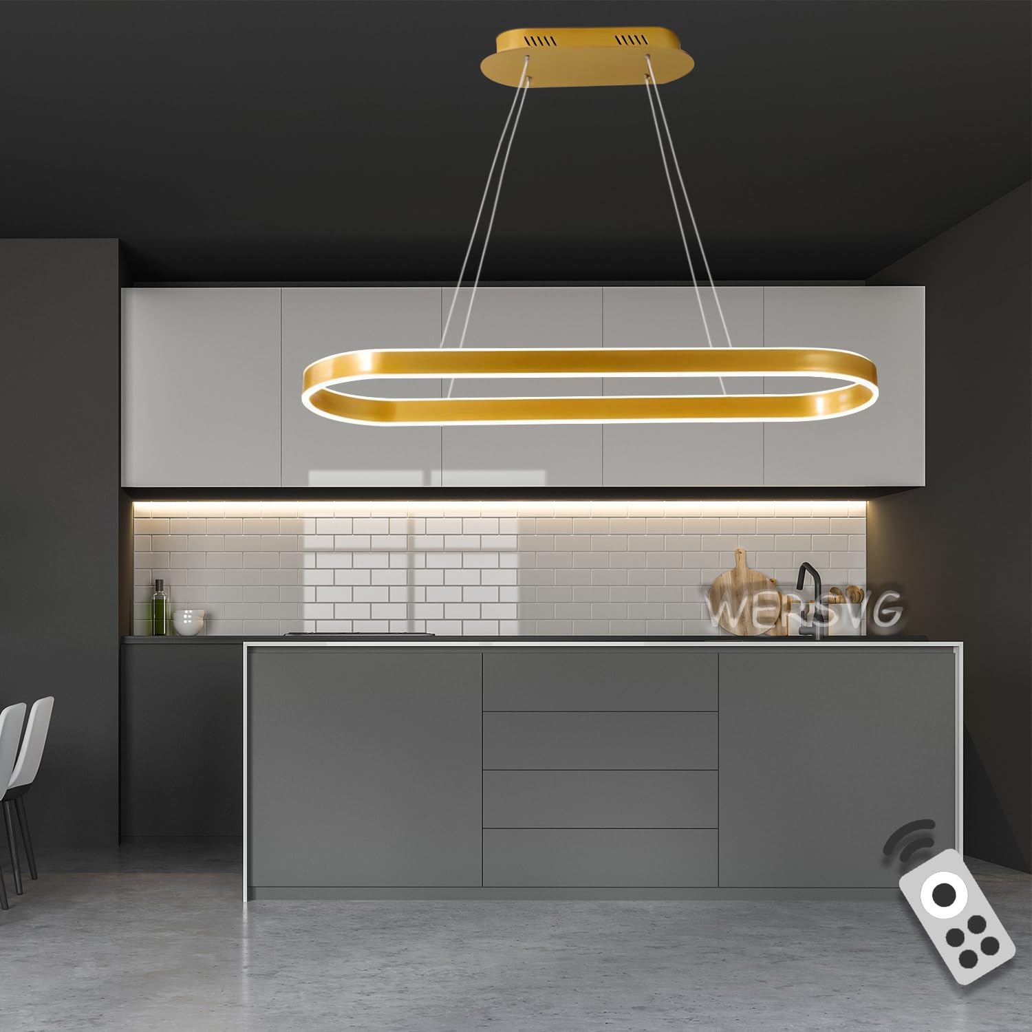 L120cm Modern LED Dining Table Pendant Oval Living Room Office Chandelier Dimmable 3500K-6500K Gold Dining Room Lamp 108W Pendant Lamp Adjustable Height, for Restaurants Bars Offices Billiard Room
