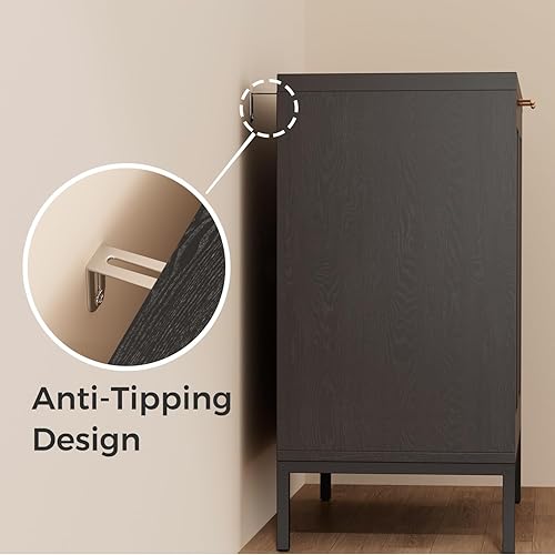 Miniatura 6 de Gabinete de buffet, armario de almacenamiento bohemio con estantes ajustables, aparador de café con puerta decorada de ratán, mesa consola de