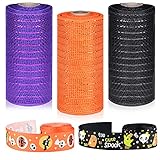 ELECLAND Halloween Ribbon for Wreaths, 6in Poly Mesh Ribbon 45ft Metallic Foil Orange/Black/Purple Mesh Rolls for Halloween Decorations Wreath DIY Craft Supplies