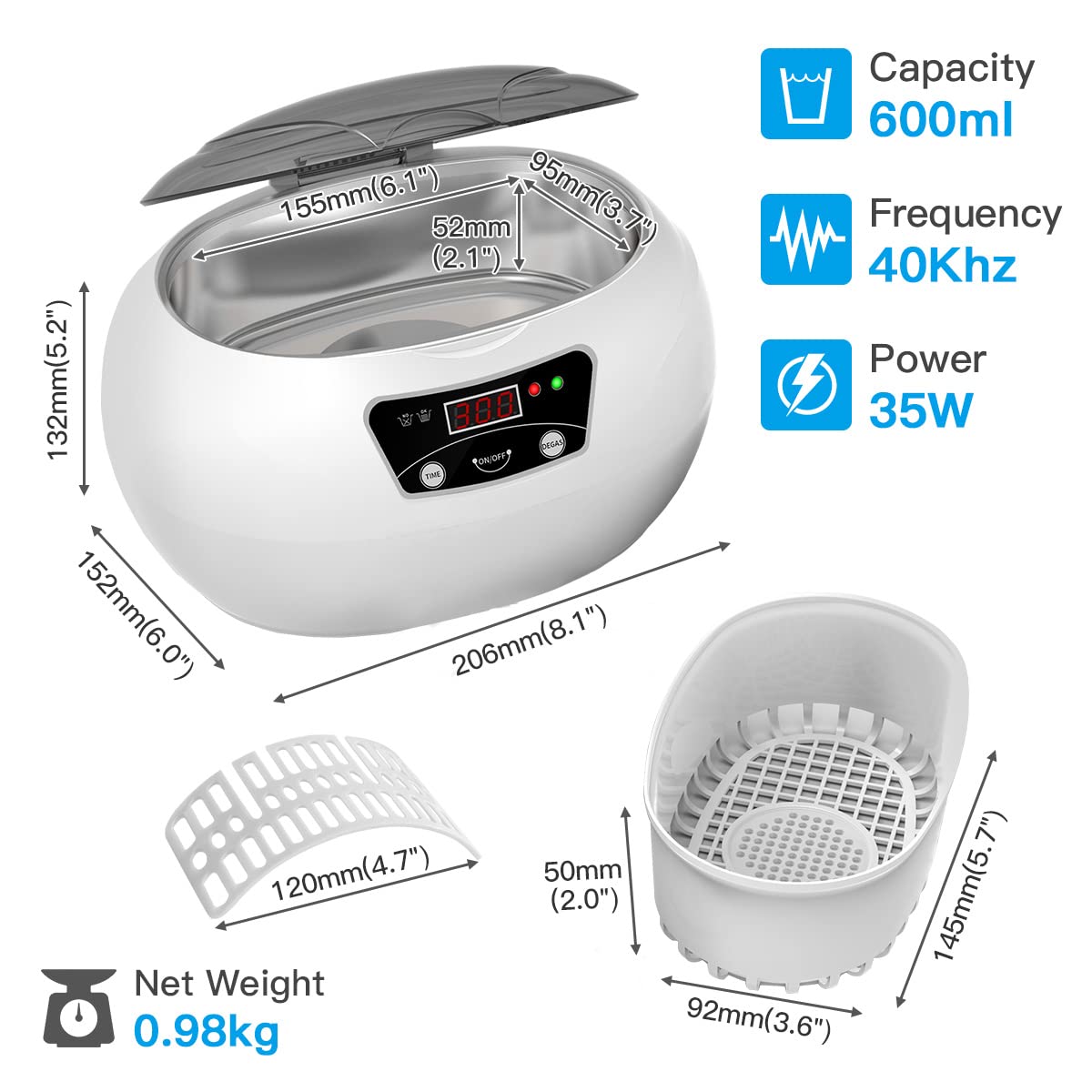 AIPOI Ultrasonic Cleaner dimensions and specifications