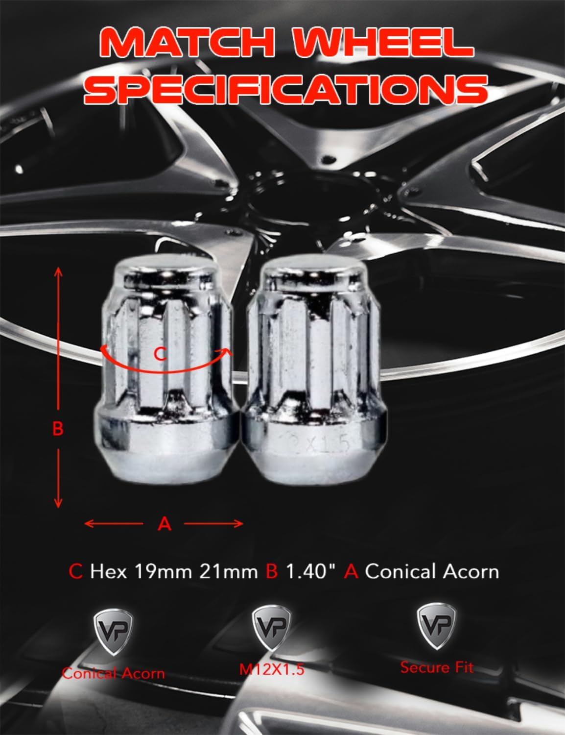 Set of 4 12x1.5 Veritek Chrome Acorn Bulge Tuner Wheel Locks w/ 2 Keys for Toyota Scion Hyundai Kia Mazda Conical Type Wheels VPE-40700SCH2
