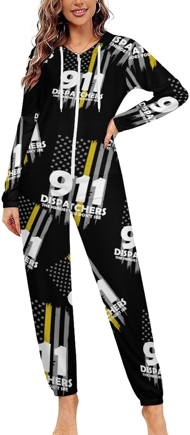 U.S.A. Yellow Flag 911 Dispatchers Adult Pajamas Onesie with Hood Pocket Jumpsuits One Piece Sleepwear
