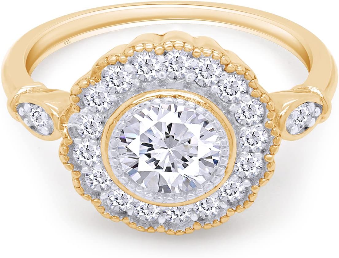 Round Shape Sparkling White Cubic Zirconia Milgrain Bezel Set Halo Engagement Promise Ring In 14k GOLD Over Sterling Silver Jewelry For Women