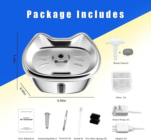 Miniatura 7 de Fuente de agua para gatos de 3.2 L108 onzas, dispensador de agua de acero inoxidable con luz LED, bomba ultra silenciosa y 2 filtros de repuesto