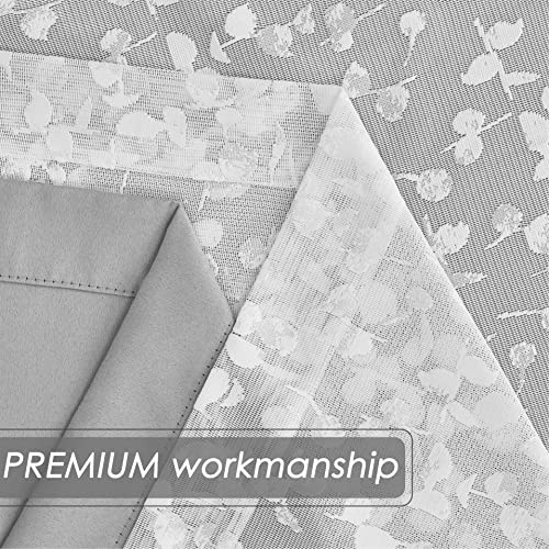 Image of Mix Matched Grey Full Blackout & Sheer Leaf Lace Curtains 52 inchWx63 inchL 4Panels | White Lace Sheer Leaf & Grey Blackout Combo Set, 2 Blackout+2 Sheer Panels, 4-Piece Set, Mix and Match Style Grommet Top