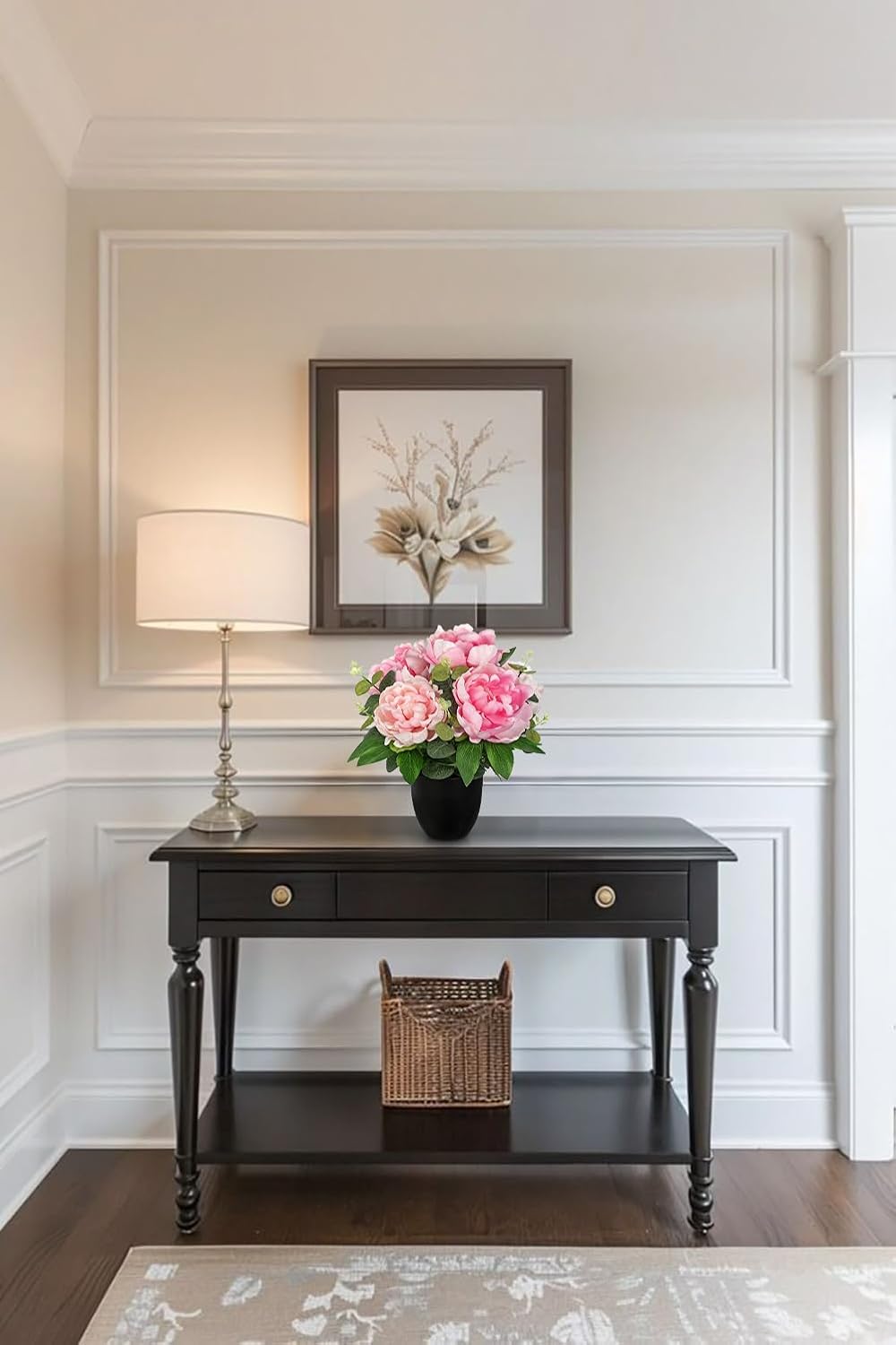 Briful Pink Faux Peony Flowers - 12.5in Peonies Artificial Flowers with Black Pot Silk Peonies Floral Arrangement Fake Potted Flowers for Home Decor Office Room Table Wedding Decor