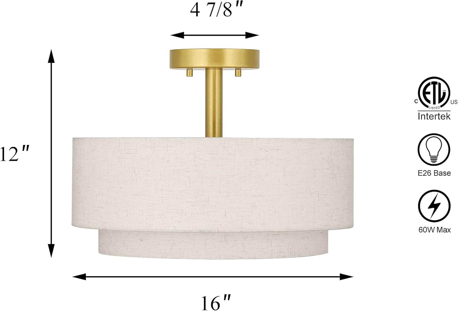 XiNBEi Lighting 3 Light Semi Flush Mount Light, Close to Ceiling Light Fixture with Fabric Shade Retro Gold Brass 16 inch Semi Flush Drum Light for Bedroom & Living Room XB-SF1289-GB