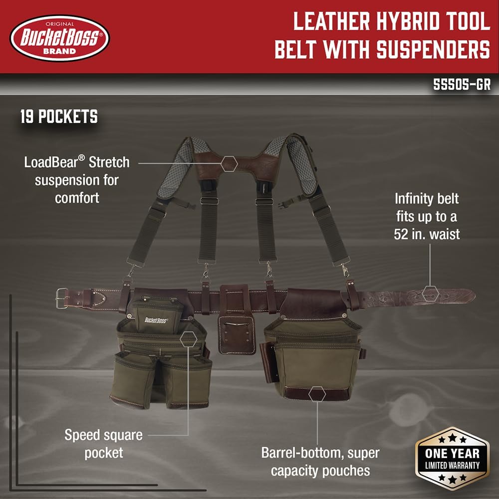 Bucket Boss Leather Hyrbid Tool Belt with Suspenders in Green, 55505-GR