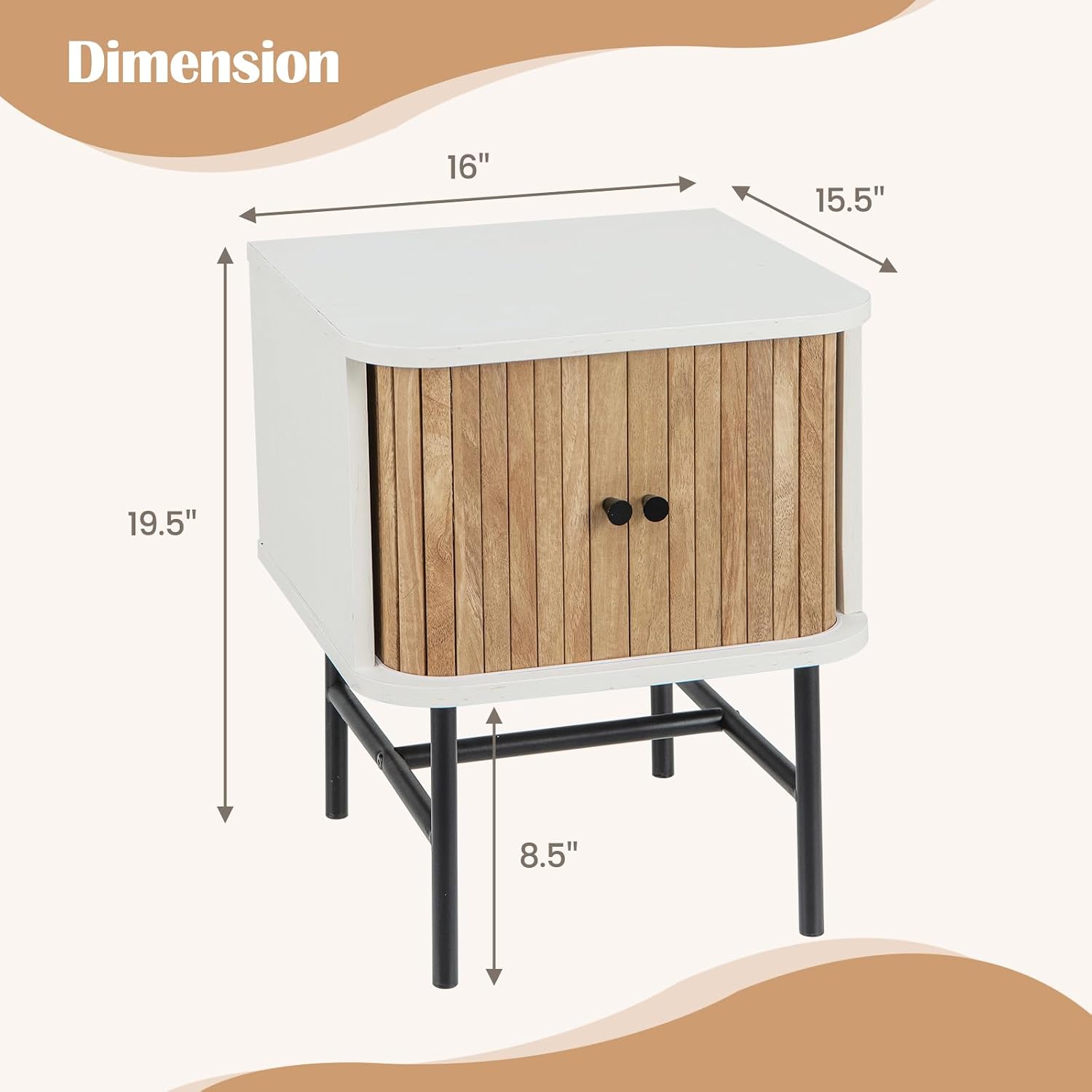 LOKO Sliding Door Nightstand Set of 2, Mid-Century Storage End Table with Solid Metal Legs, Modern Small Bedside Table, Compact Sofa Side Table for Bedroom, Hallway, Small Space, White