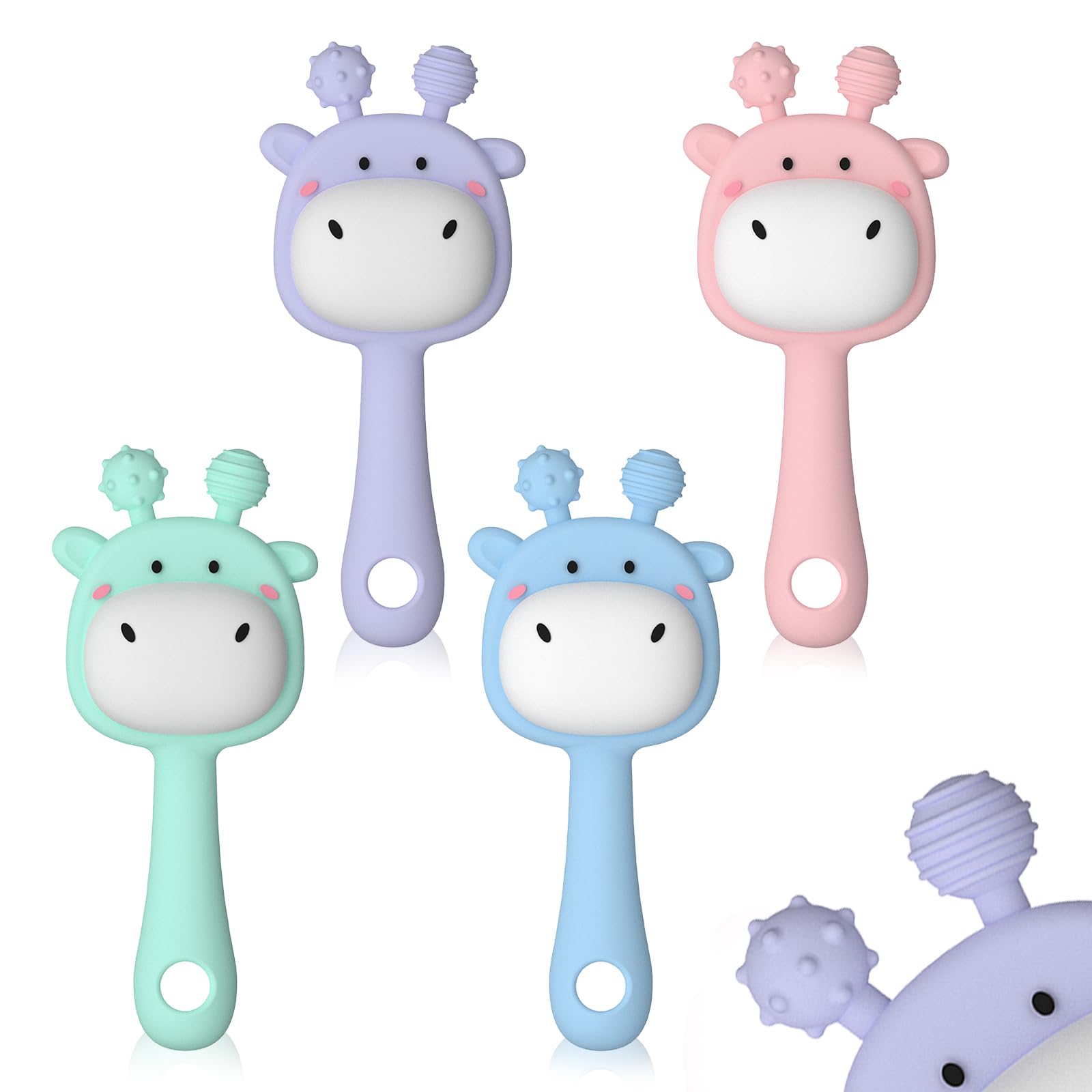 ABirdon Baby Teething Toys, 4PCS Silicone Chew Toys with Easy-Hold Handle & Bell, BPA-Free Sensory Infant Toy for Sore Gums, Age 0-3 Years