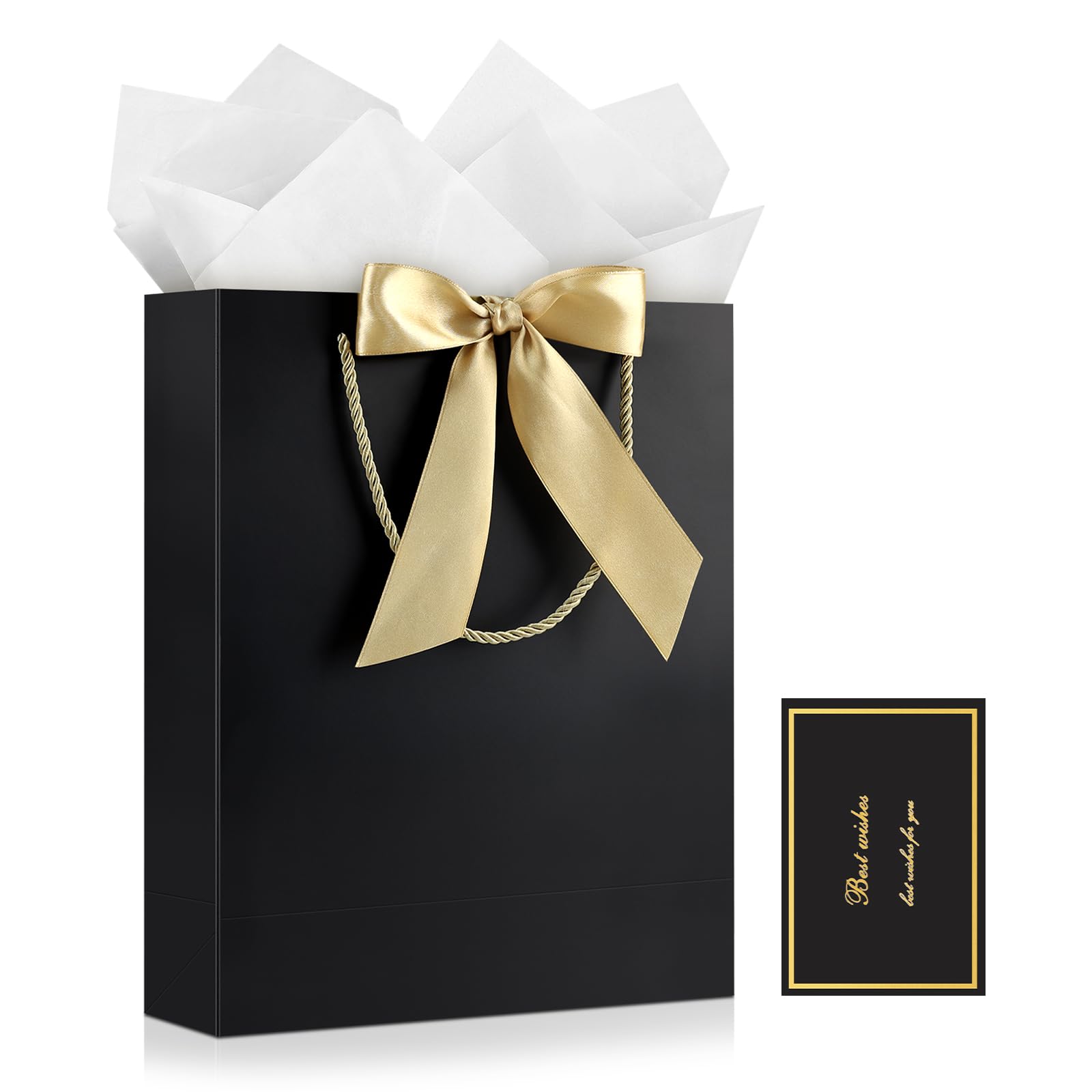 JMANNI Gift Bag, 1PCS Gift Bags Large with Ribbon and 1 Greeting Cards 2 Tissue Paper, Portable Paper Gift Bag with Handles, Birthday Gift Bags,Present Bags for Wedding Party Mothers Day(PureBlack)