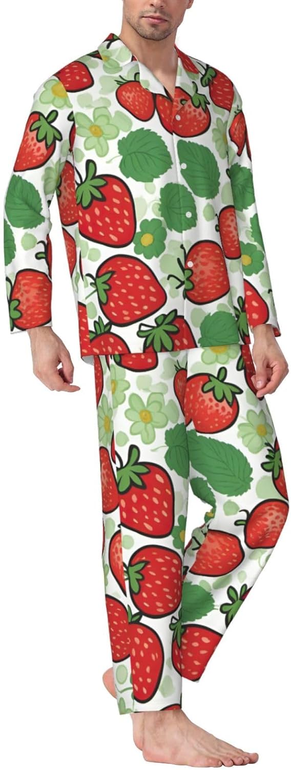 Strawberry Pattern Print Luxurious Mens Pajamas Set,Breathable Pajamas Set,Perfect For Lounging Bed,Sofa