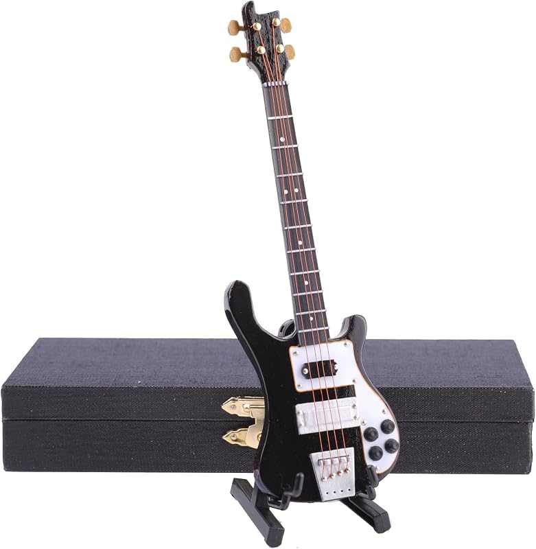 Wooden Miniature Electric Bass Guitar with Stand and Case Mini Musical Instrument Electric Bass Guitar Replica Collectible Figurines Model Home Decoration Birthday Gifts (6.31"x1.89"x0.28")