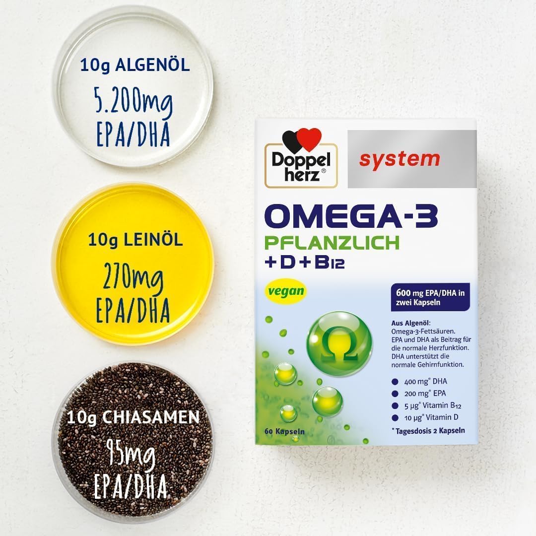 Doppelherz system OMEGA-3 PFLANZLICH – Algenöl – Vitamin D als Beitrag für die normale Funktion des Immunsystems – 2 x 120 Kapseln