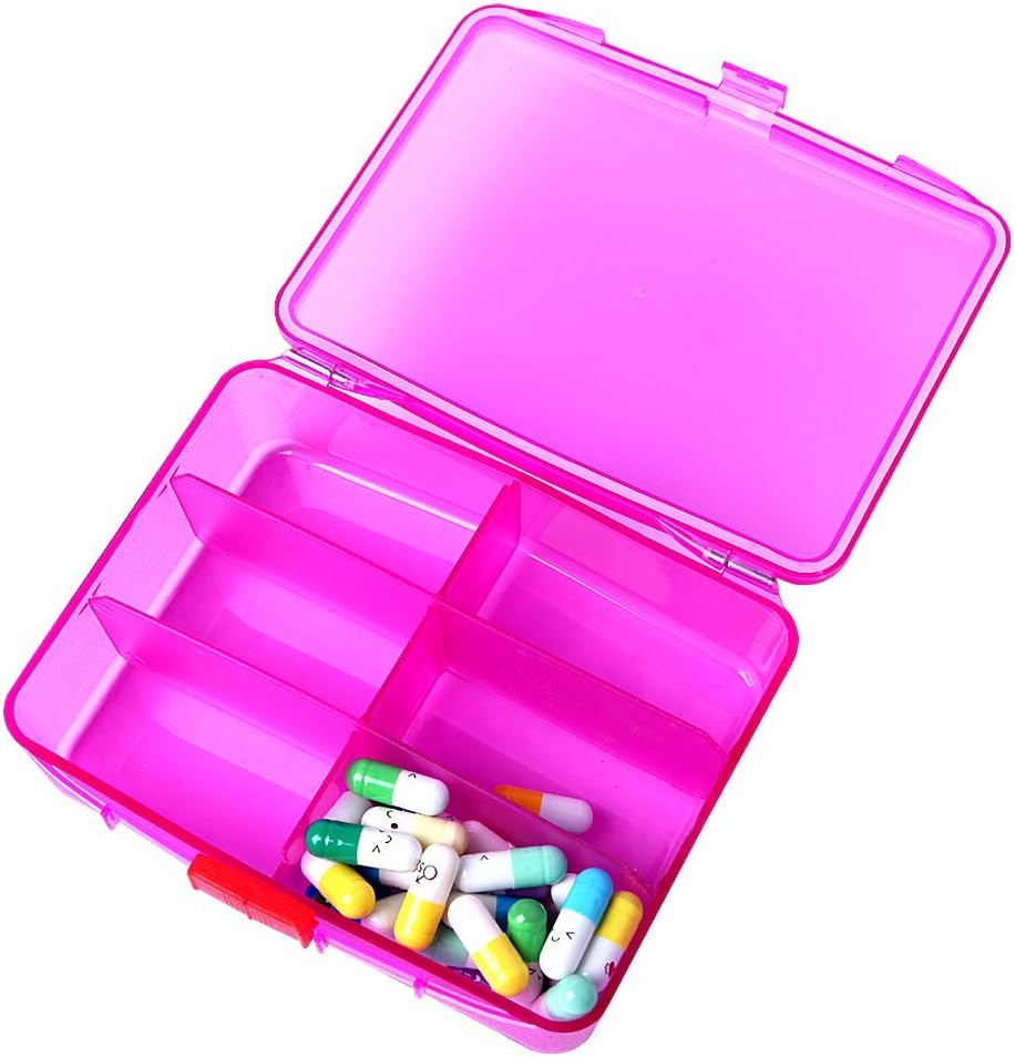 XINHOME 6 Compartment Pill Box Holds Up to 200 Tablets Gasketed & Waterproof (Rose Red)