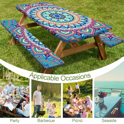 Image of Picnic Table Cover with Bench Covers 6FT 3 Pcs Waterproof Windproof Aesthetic Camping Tablecloth with Drawstring Bag, Fitted for 6 Foot Rectangle Tables and Seats, 72 inch, Yellow Blue Orange