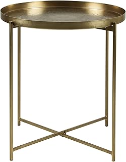 East at Main Gold Tray Top Round Side Table, Decorative End Table with Antique Brass Finish, Intricate Hand Carving, Strong Iron Legs - 20" X 21.7"