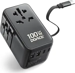DOACE 100W GaN Universal Travel Adapter, 6-in-1 International Power Adapter with USB-C Cable