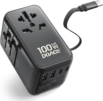 DOACE 100W GaN Universal Travel Adapter, 6-in-1 International Power Adapter, European Travel Plug with Built-in USB-C Cable, Fast Charging, Worldwide for EU UK US AUS, Travel Essentials Black