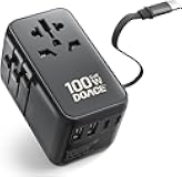 DOACE Universal Travel Adapter, 100W GaN 3.0 European Travel Plug Adapter with Built-in USB-C Cable, 6 in 1 International Power Adapter with 5 USB Ports for EU/UK/USA/AUS(Black)