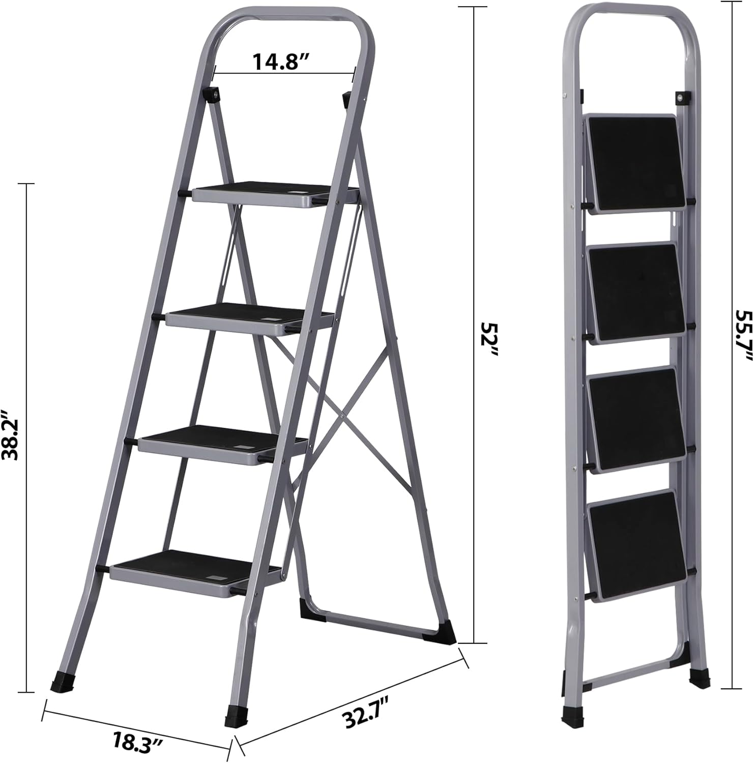 Smartxchoices 4 Step Ladder Folding Step Stool with Handgrip Wide Anti-Slip Platform, Lightweight Steel Ladder,330 lbs Load Capacity, Portable Steel Step Stool for Home Kitchen Shop, Gray