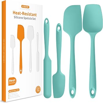 Heat Resistant Silicone Spatula Set U-Taste 600oF High Temp Seamless Food Grade Utensil, Flexible Rubber Silicon Kitchen Cooking Mixing Baking Scraper for Nonstick Cookware Set of 4 Aqua Sky