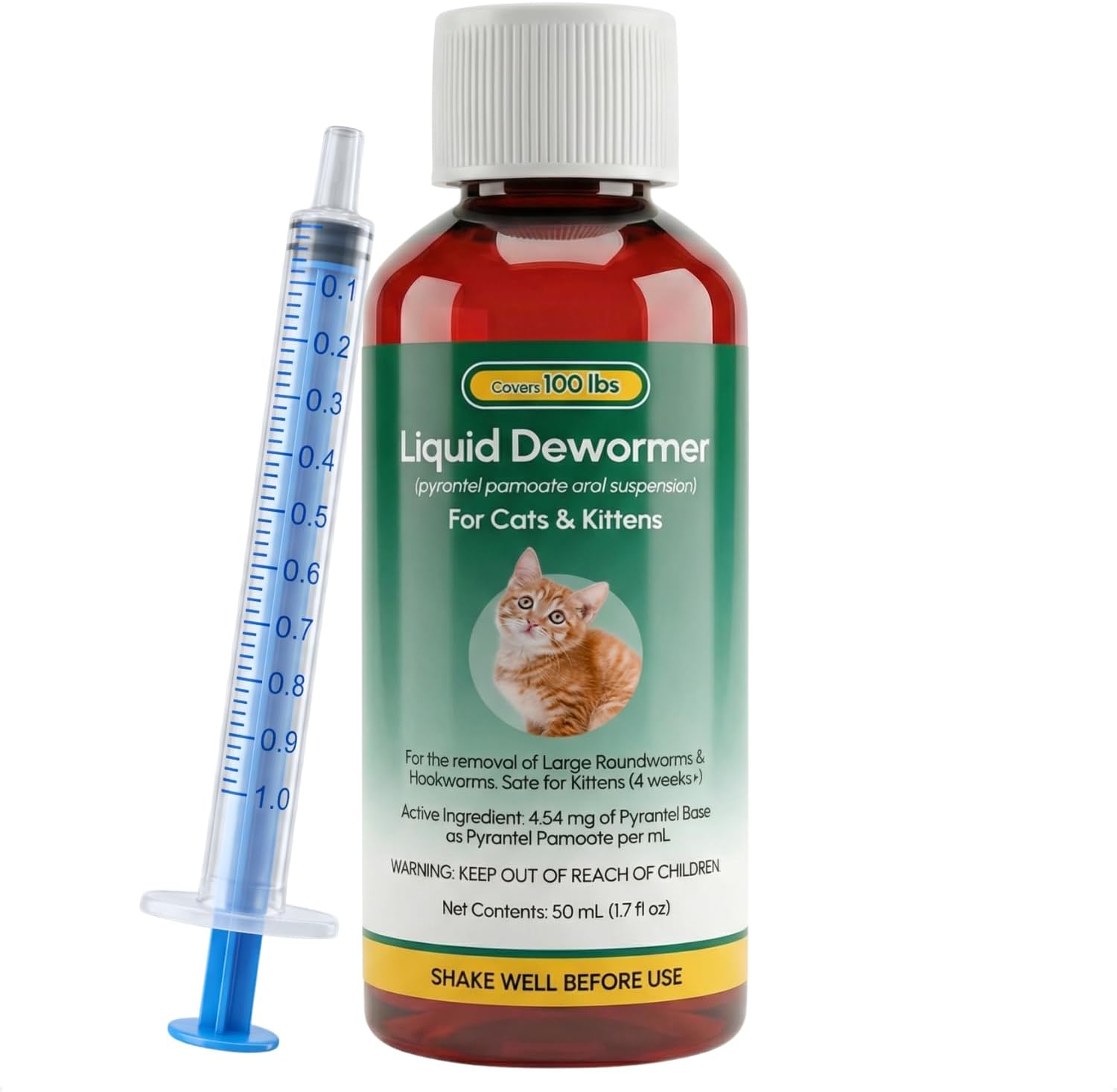 Dewormer for Cats & Kittens, Pyrantel Pamoate Suspension, Removes Roundworm, Hookworm Broad Spectrum, 50ml