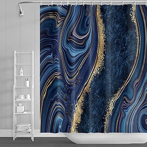 Uiiooazy Navy Blue Shower Curtain, Marble Shower Curtain for Bathroom Stall RV Waterproof Fabric Abstract Shower Curtain Set with Hooks 48x72 inches Cover