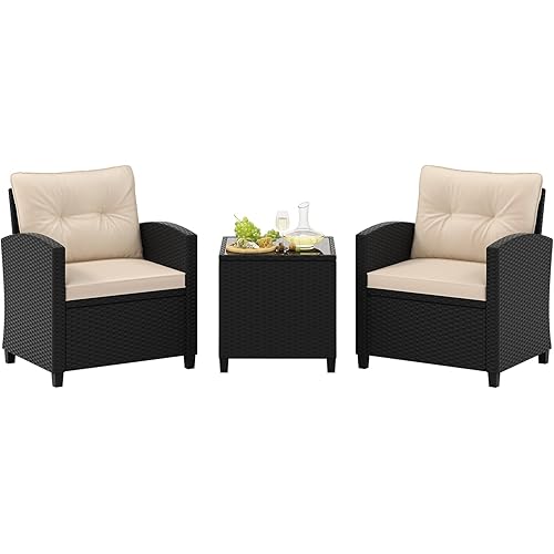 Tangkula 3 Piece Patio Furniture Set, Rattan Conversation Set w/Soft Seat & Back Cushions, Tempered Glass Topped Coffee Table, Cushioned Wicker Seating Set for Backyard, Porch, Poolside (Beige)
