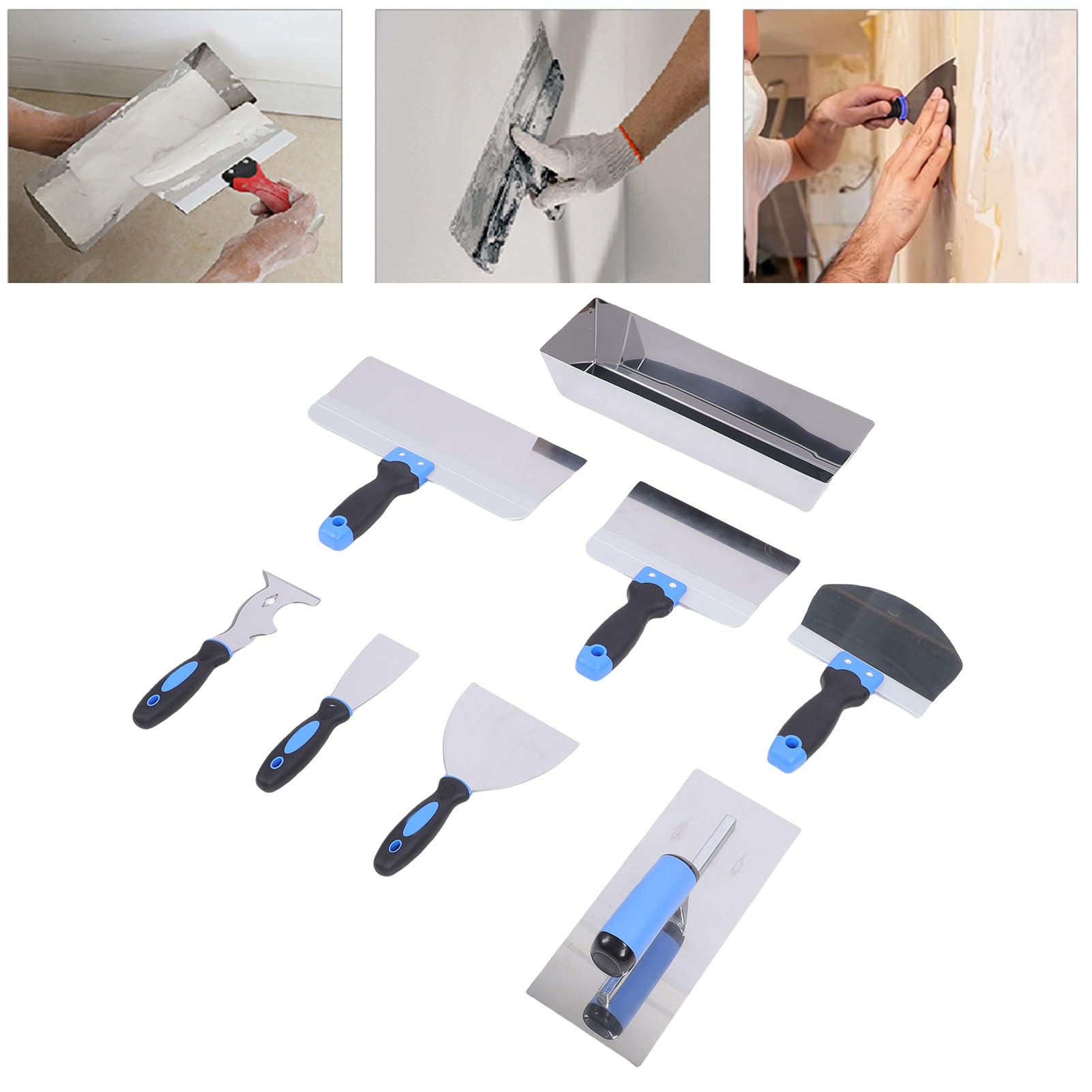 Set Spatola a Secco 8 Pezzi, Padella di Fango 14 Pollici, Raschietto in Acciaio Inossidabile, Pala, Cazzuola con Intonaco con Manici Ergonomici per la Pittura di Fango a parete.