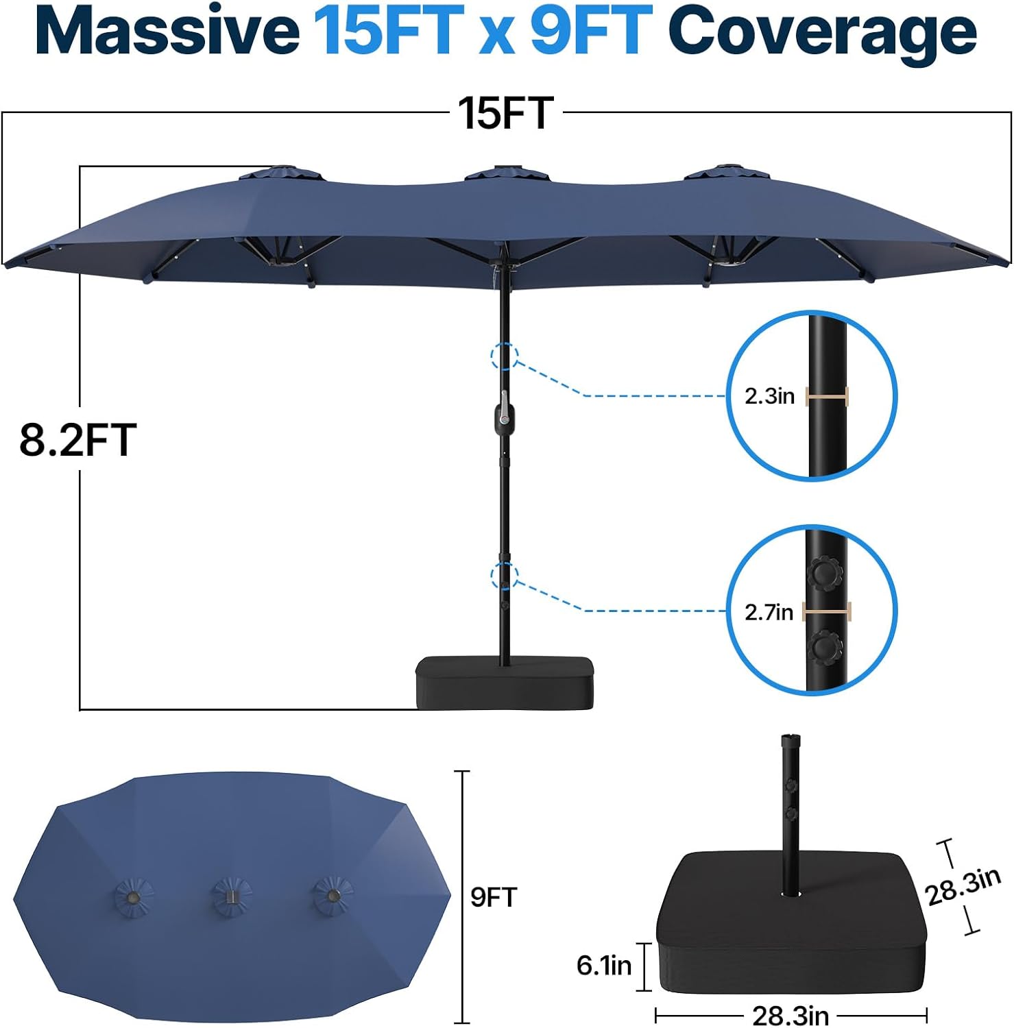Suteck 15FT Patio Umbrella with Base & Solar Lights Included - Double-Sided Outdoor Large Umbrella with & Crank Handle, UV & Fade Resistant Canopy for Poolside, Backyard, Deck and Market, Dark Blue
