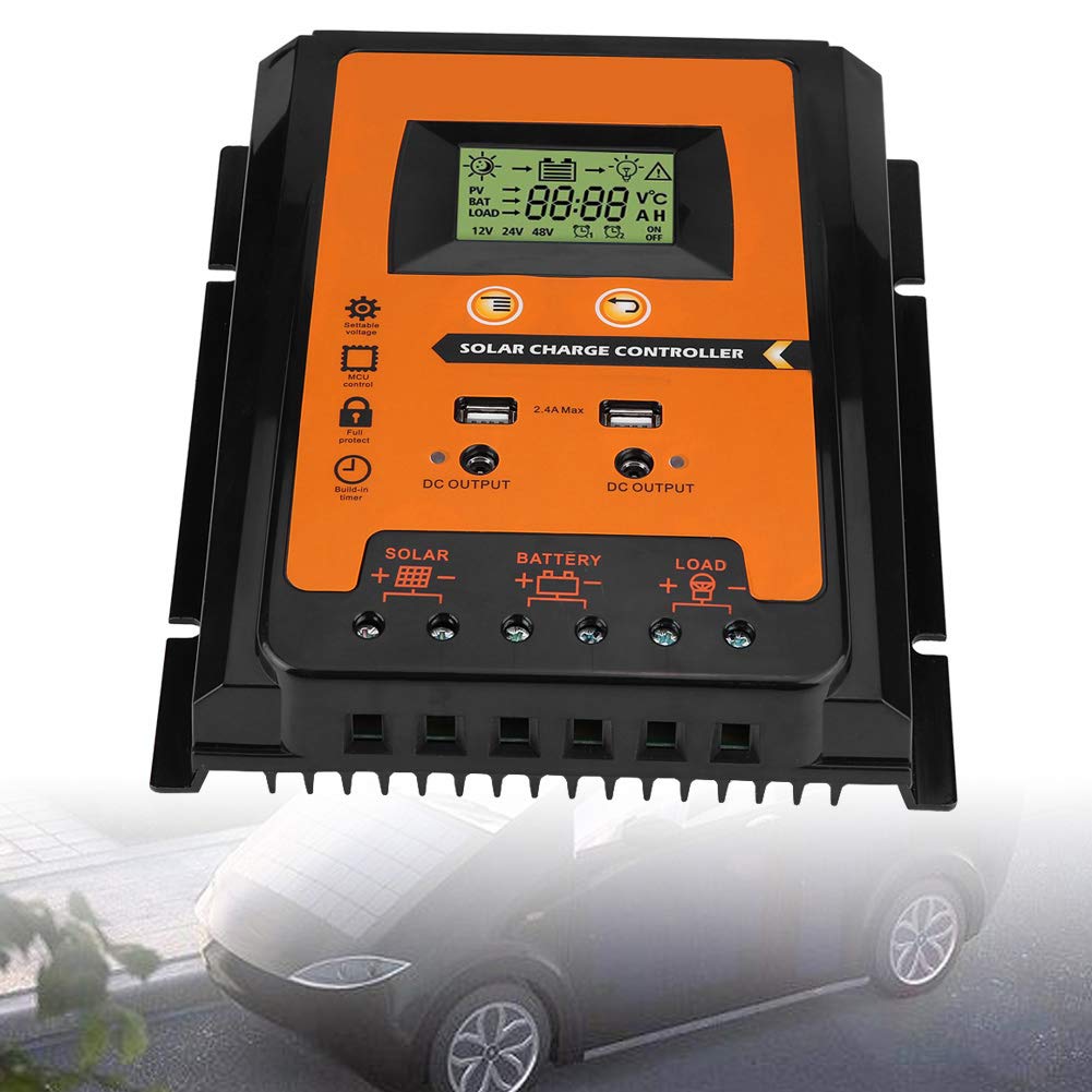 Controlador de Carga Solar, MPPT Controlador de Carga Solar de Plástico, Pantalla LCD Dual USB Regulador de Batería, para Automóviles y Motocicletas, Pequeño Applianc para el Hogar (70A)