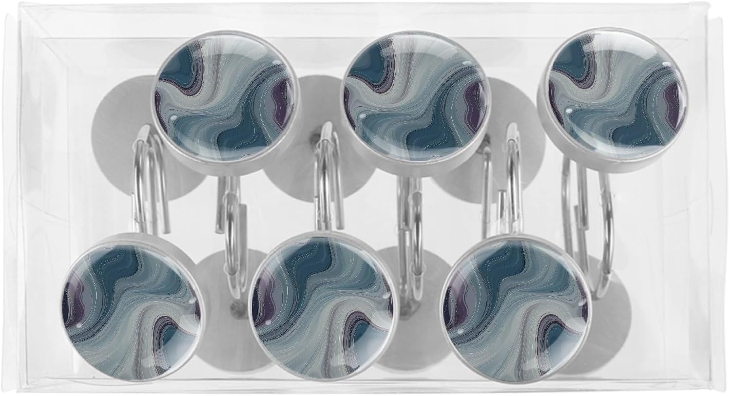 Grey White Shower Curtain Hooks Rings, Marble Round 12 Pcs Resin Glass Shower Curtain Hangers for Bathroom, Rust Proof Stainless Steel Shower Hooks for Shower Curtain Rod